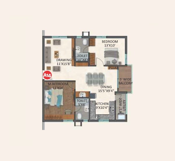 Floor plan of 2 BHK 1141 Sq. Ft. Apartment in Marams Mihira, Hyderabad