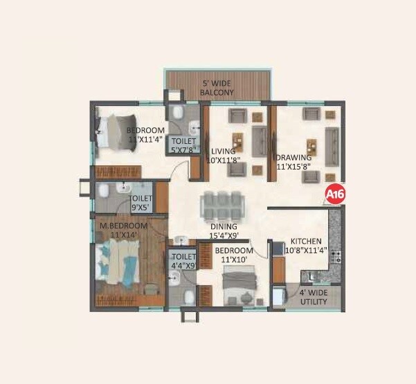 Floor plan of 3 BHK 1510 Sq. Ft. Apartment in Marams Mihira, Hyderabad