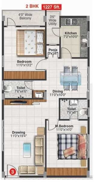 Floor plan of 2 BHK 1227 Sq. Ft. Apartment in Marams Seetharama Residency, Hyderabad