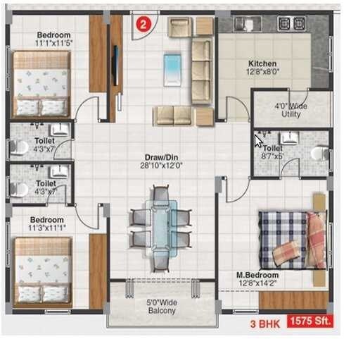 Floor plan of 3 BHK 1575 Sq. Ft. Apartment in Marams Seetharama Residency, Hyderabad