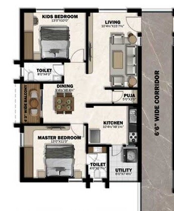 Floor plan of 2 BHK 1227 Sq. Ft. Apartment in Mareechi Aadhya, Hyderabad
