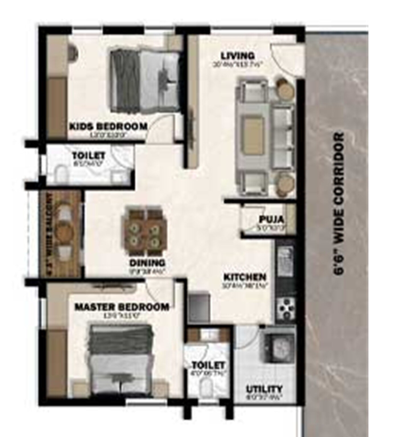 Floor plan of 2 BHK Apartment - 1260 sq. ft. in Mareechi Aadhya, Hyderabad