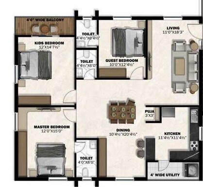 Floor plan of 3 BHK 1960 Sq. Ft. Apartment in Mareechi Aadhya, Hyderabad