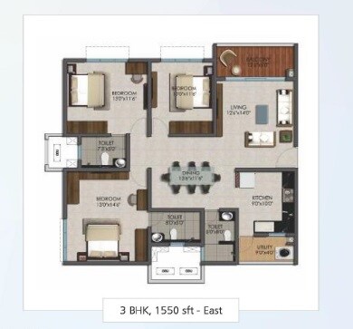 Floor plan of 3 BHK 1550 Sq. Ft. Apartment in Marina Skies, Hyderabad