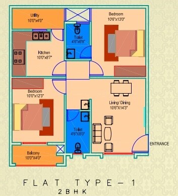 Floor plan of 2 BHK 1193 Sq. Ft. Apartment in Maruthi Grandeur, Hyderabad