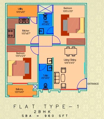 Floor plan of 2 BHK 960 Sq. Ft. Apartment in Maruthi Grandeur, Hyderabad