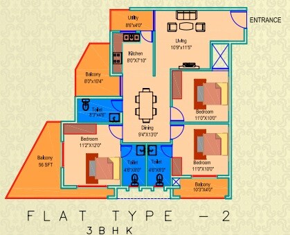 Floor plan of 3 BHK 1458 Sq. Ft. Apartment in Maruthi Grandeur, Hyderabad