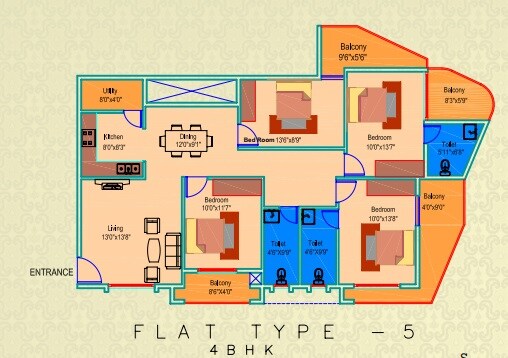 Floor plan of 4 BHK 1874 Sq. Ft. Apartment in Maruthi Grandeur, Hyderabad