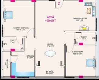 Floor plan of 2 BHK 1050 Sq. Ft. Apartment in Maruthi Heights Ameerpet, Hyderabad