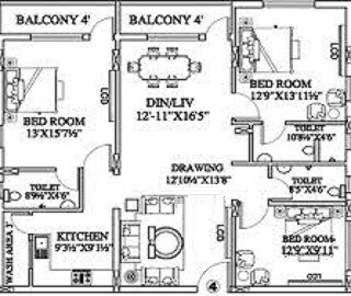 Floor plan of 3 BHK 1750 Sq. Ft. Apartment in Maruti Suncity, Hyderabad