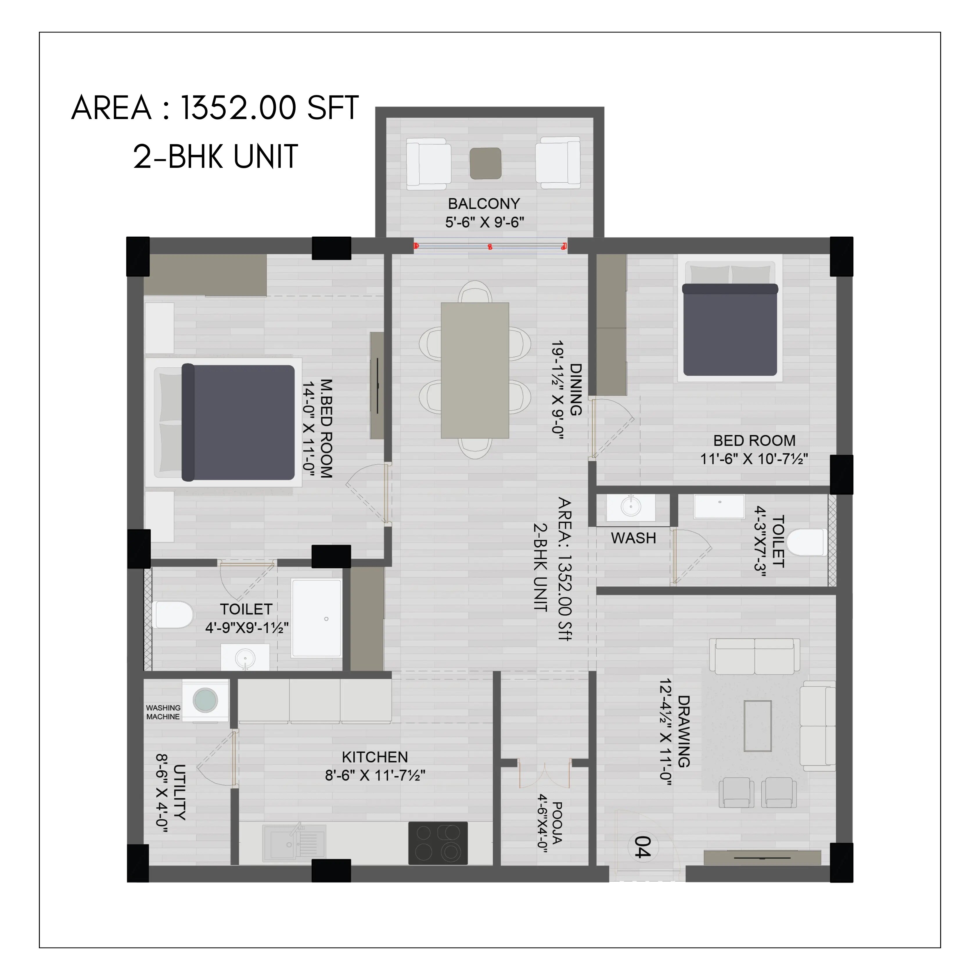 Floor plan of 2 BHK 1352 Sq. Ft. Apartment in Maytri Susheela Kuteer, Hyderabad