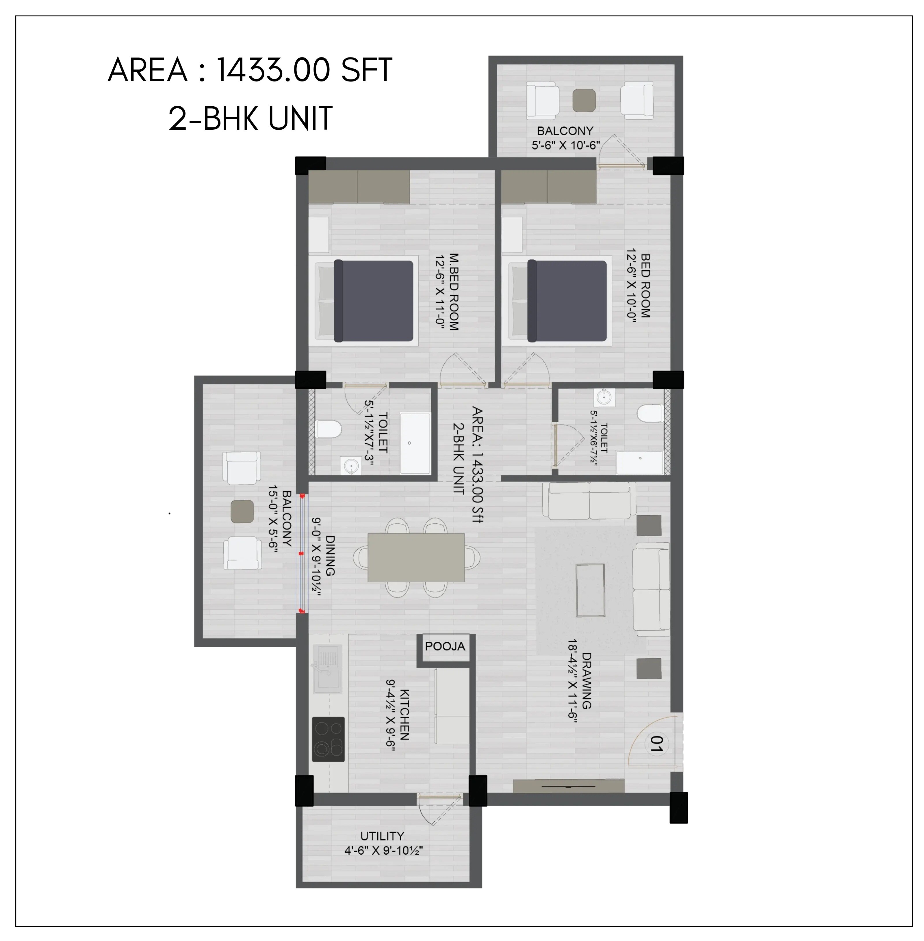 Floor plan of 2 BHK 1433 Sq. Ft. Apartment in Maytri Susheela Kuteer, Hyderabad