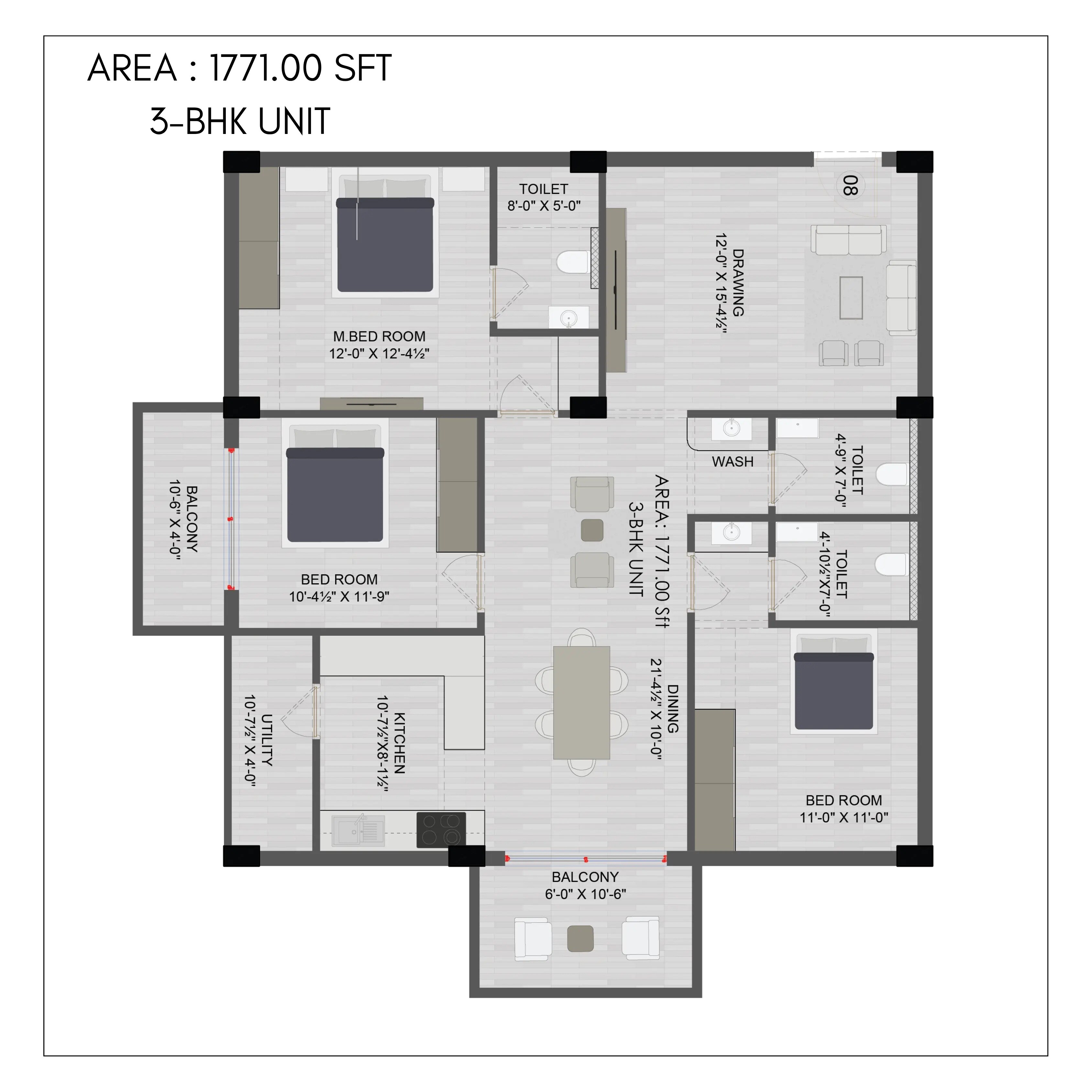 Floor plan of 3 BHK 1771 Sq. Ft. Apartment in Maytri Susheela Kuteer, Hyderabad