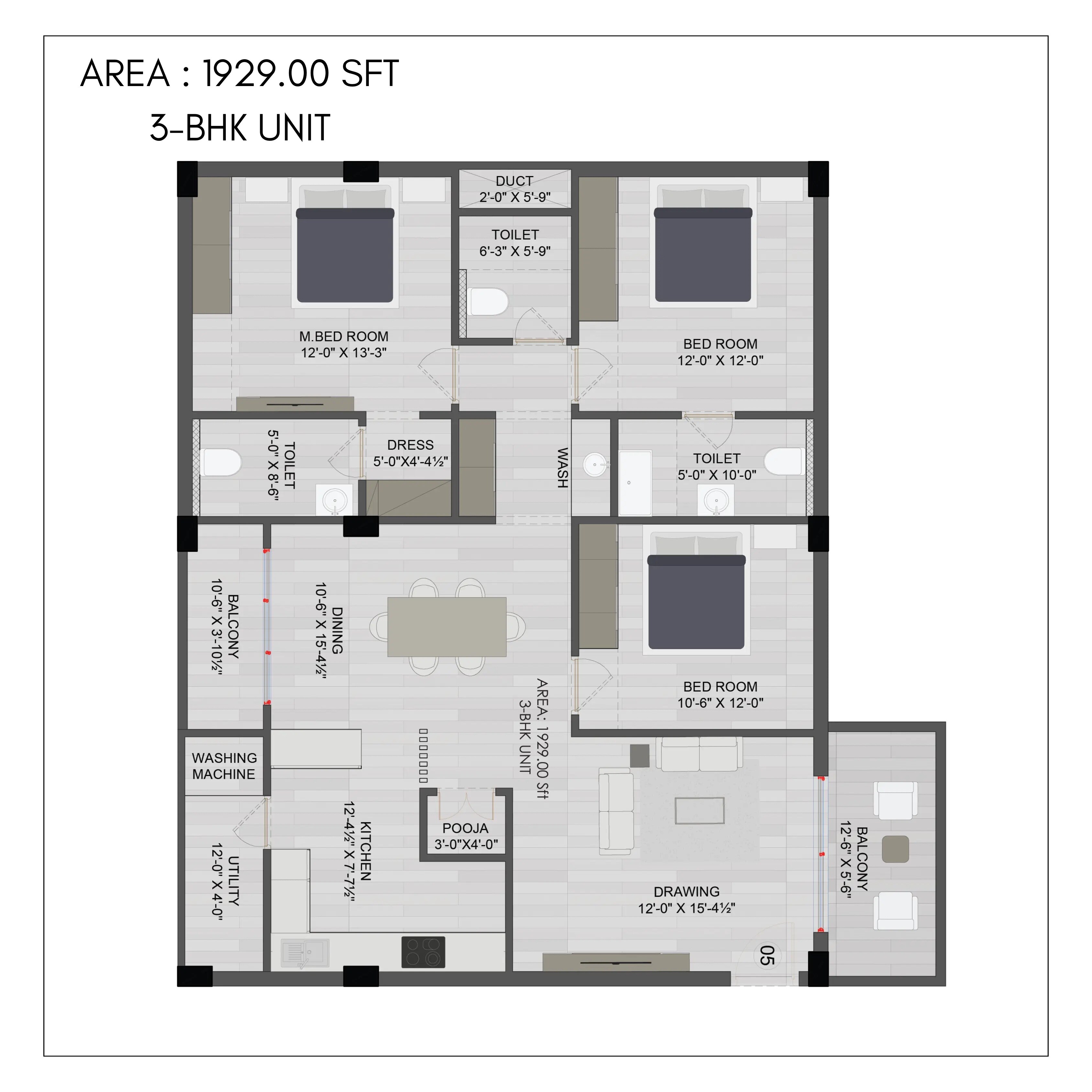 Floor plan of 3 BHK 1929 Sq. Ft. Apartment in Maytri Susheela Kuteer, Hyderabad