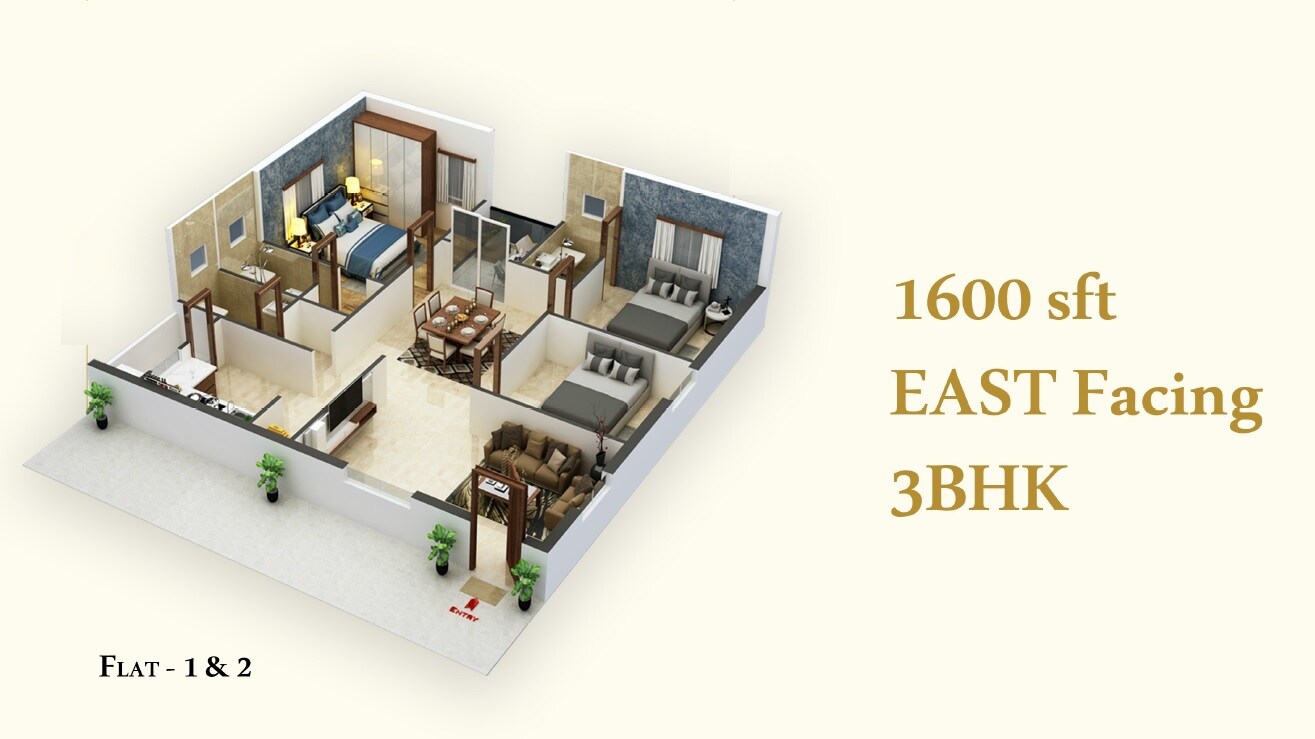 Floor plan of 3 BHK 1600 Sq. Ft. Apartment in MCOR Darbar, Hyderabad