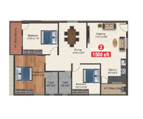 Floor plan of 3 BHK 1500 Sq. Ft. Apartment in MCOR Prashamsa, Hyderabad