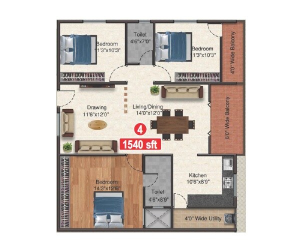 3 BHK 1540 Sq. Ft. Apartment