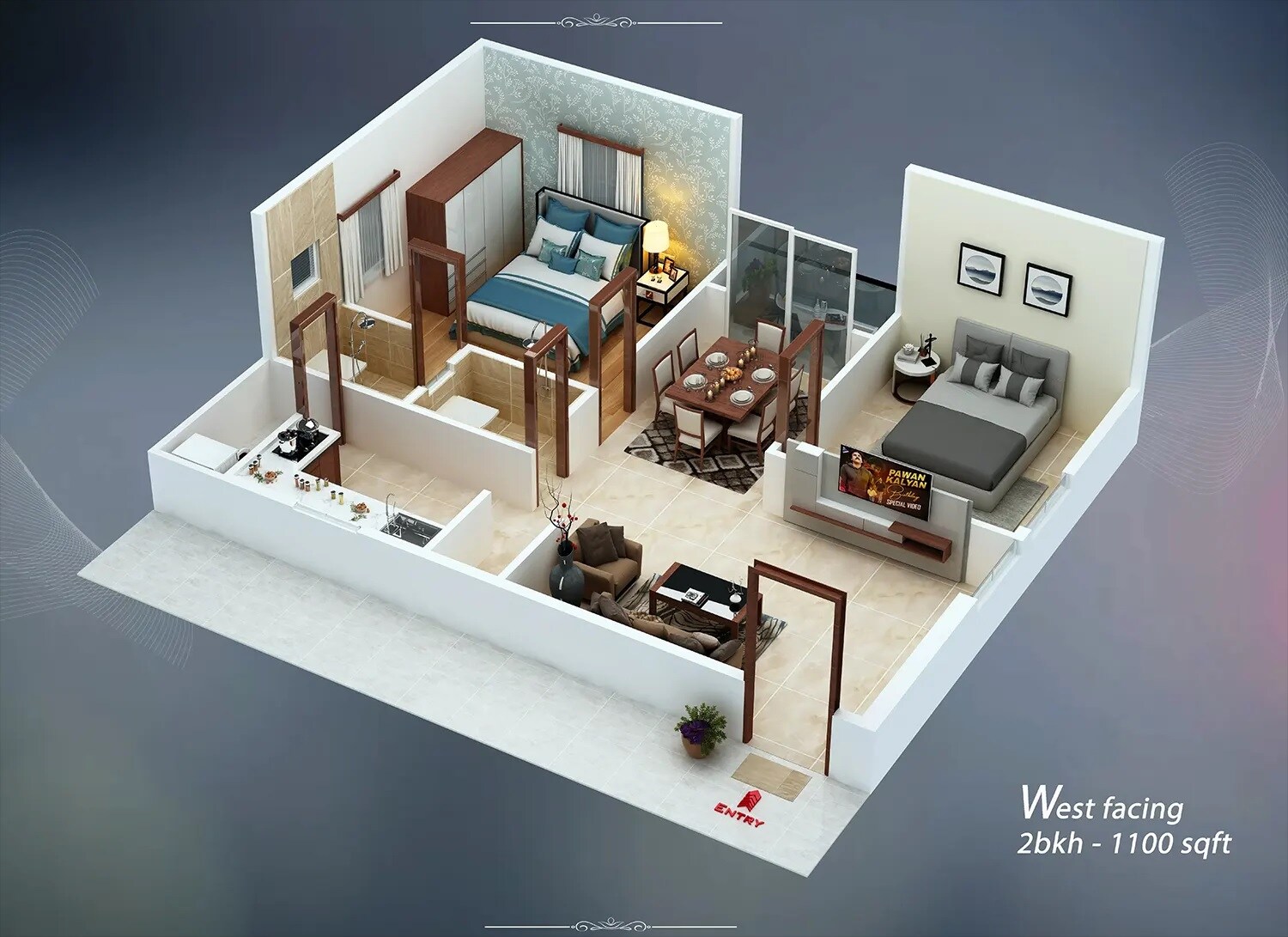 Floor plan of 2 BHK 1100 Sq. Ft. Apartment in MCOR Vilaasam, Hyderabad
