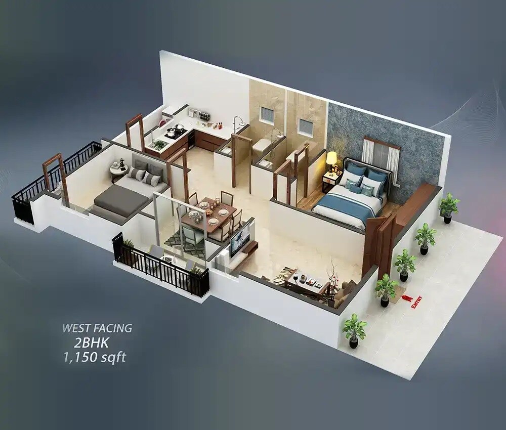 Floor plan of 2 BHK 1150 Sq. Ft. Apartment in MCOR Vilaasam, Hyderabad