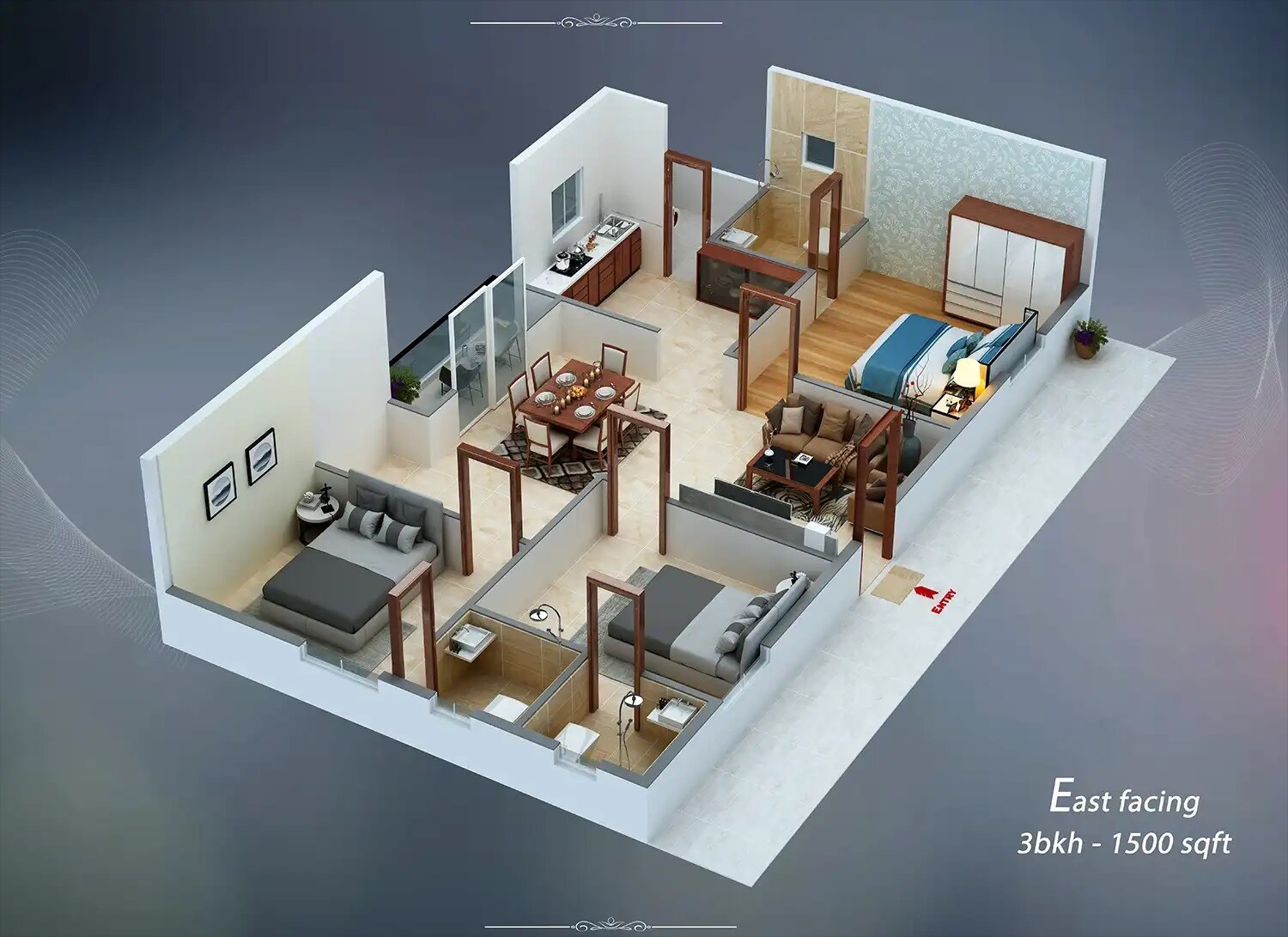 Floor plan of 3 BHK 1500 Sq. Ft. Apartment in MCOR Vilaasam, Hyderabad