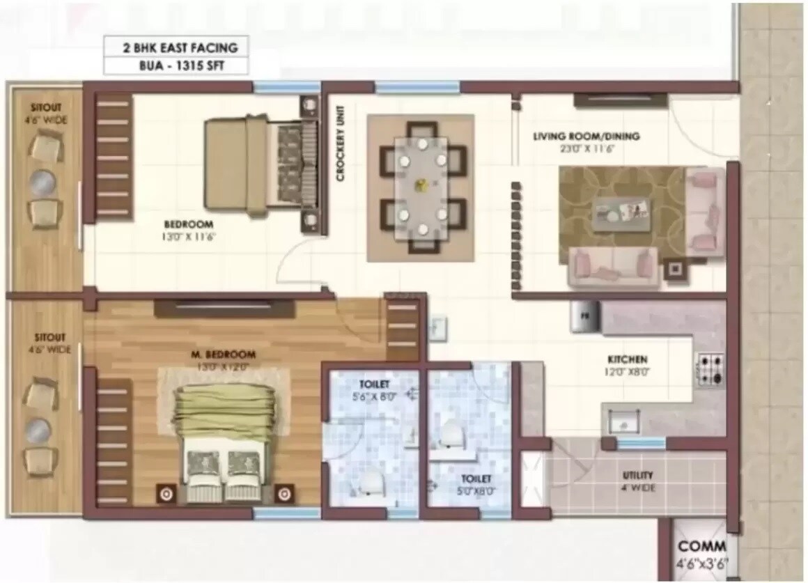 Floor plan of 2 BHK 1315 Sq. Ft. Apartment in MCV Sukra, Hyderabad