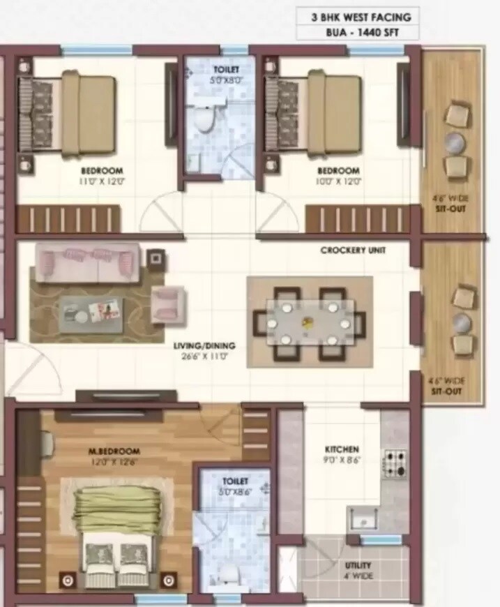 Floor plan of 3 BHK 1440 Sq. Ft. Apartment in MCV Sukra, Hyderabad