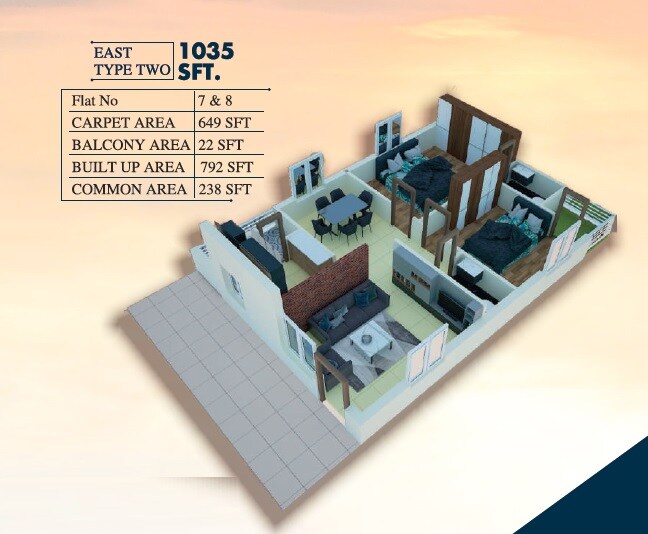 Floor plan of 2 BHK 1035 Sq. Ft. Apartment in Medha Golden Leaf, Hyderabad