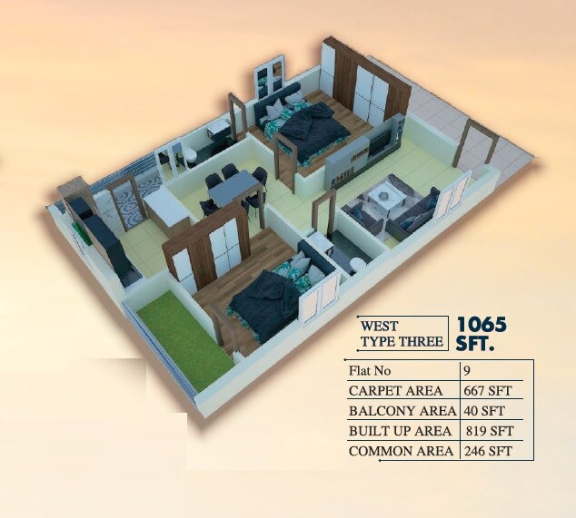 Floor plan of 2 BHK 1065 Sq. Ft. Apartment in Medha Golden Leaf, Hyderabad