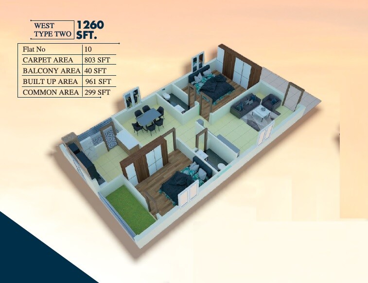 Floor plan of 2 BHK 1260 Sq. Ft. Apartment in Medha Golden Leaf, Hyderabad