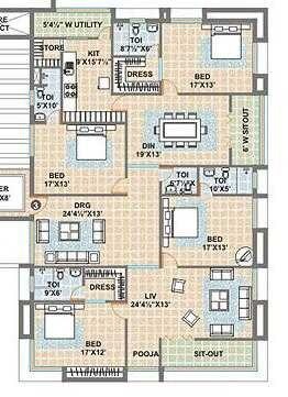 Floor plan of 4 BHK 3370 Sq. Ft. Apartment in Meenakshi Sky Lounge, Hyderabad
