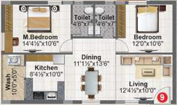 Floor plan of 2 BHK 1110 Sq. Ft. Apartment in Meenazi Elite, Hyderabad