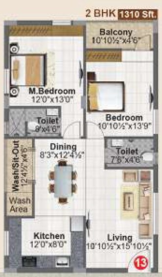Floor plan of 2 BHK 1310 Sq. Ft. Apartment in Meenazi Elite, Hyderabad