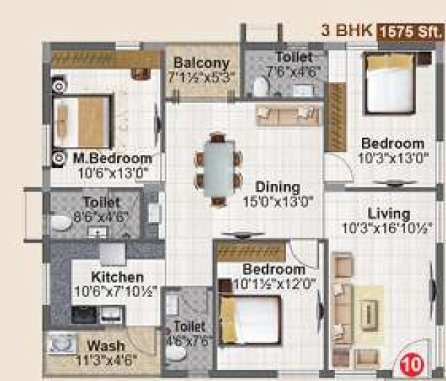 Floor plan of 3 BHK 1575 Sq. Ft. Apartment in Meenazi Elite, Hyderabad