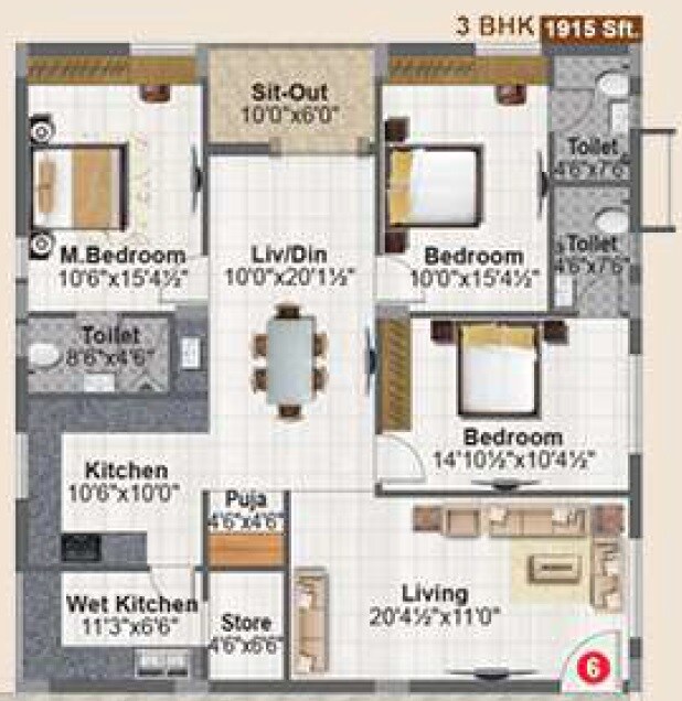 Floor plan of 3 BHK 1915 Sq. Ft. Apartment in Meenazi Elite, Hyderabad