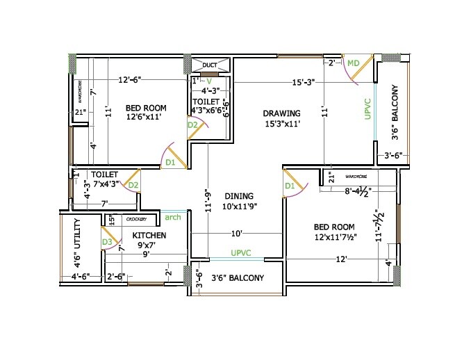 Floor plan of 2 BHK 1152 Sq. Ft. Apartment in Megha Pearl, Hyderabad
