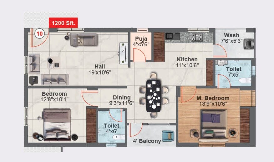 Floor plan of 2 BHK 1200 Sq. Ft. Apartment in Merlion Orchids, Hyderabad