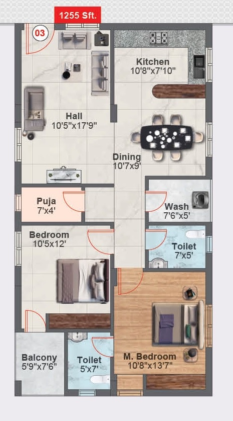 Floor plan of 2 BHK 1255 Sq. Ft. Apartment in Merlion Orchids, Hyderabad