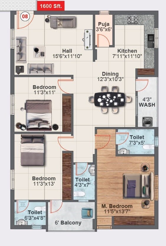 Floor plan of 3 BHK 1600 Sq. Ft. Apartment in Merlion Orchids, Hyderabad