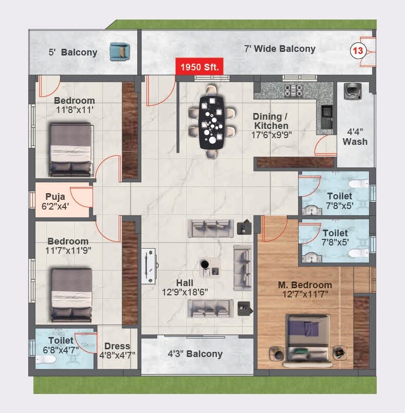 Floor plan of 3 BHK 1950 Sq. Ft. Apartment in Merlion Orchids, Hyderabad