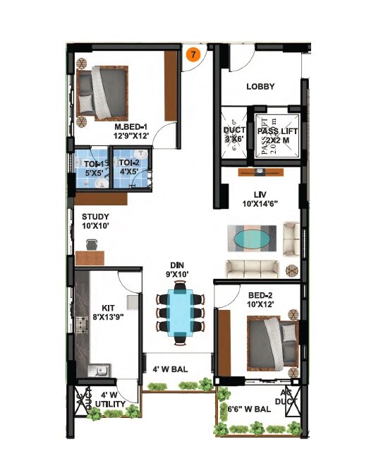Floor plan of 2 BHK 1450 Sq. Ft. Apartment in Mirage Anmol Avalon Towers, Hyderabad
