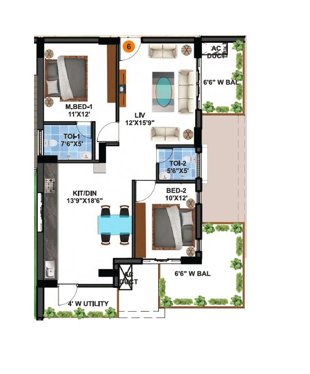 Floor plan of 2 BHK 883 Sq. Ft. Apartment in Mirage Anmol Avalon Towers, Hyderabad