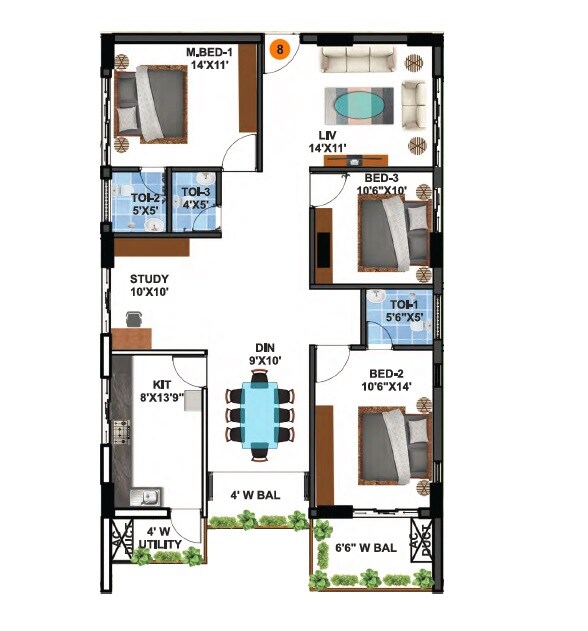 Floor plan of 3 BHK 1598 Sq. Ft. Apartment in Mirage Anmol Avalon Towers, Hyderabad