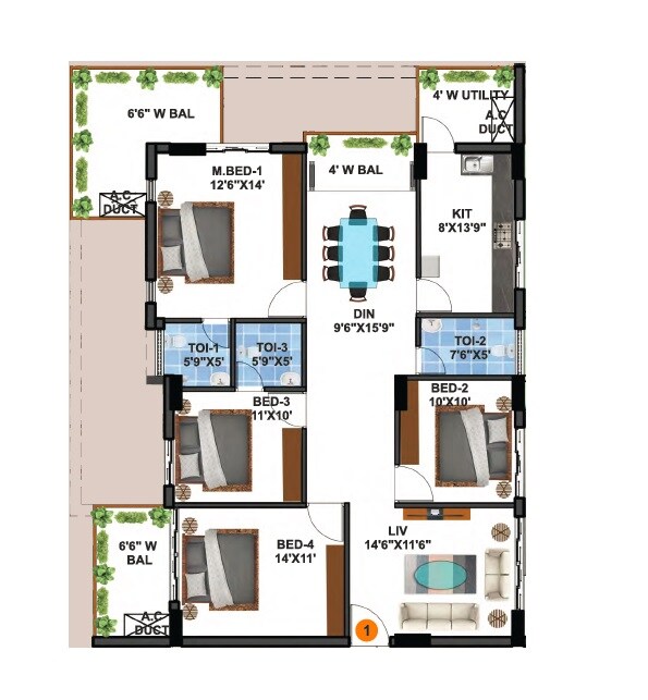 Floor plan of 4 BHK 1665 Sq. Ft. Apartment in Mirage Anmol Avalon Towers, Hyderabad
