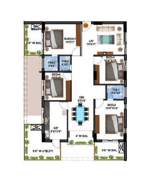 Floor plan of 4 BHK 2047 Sq. Ft. Apartment in Mirage Anmol Avalon Towers, Hyderabad