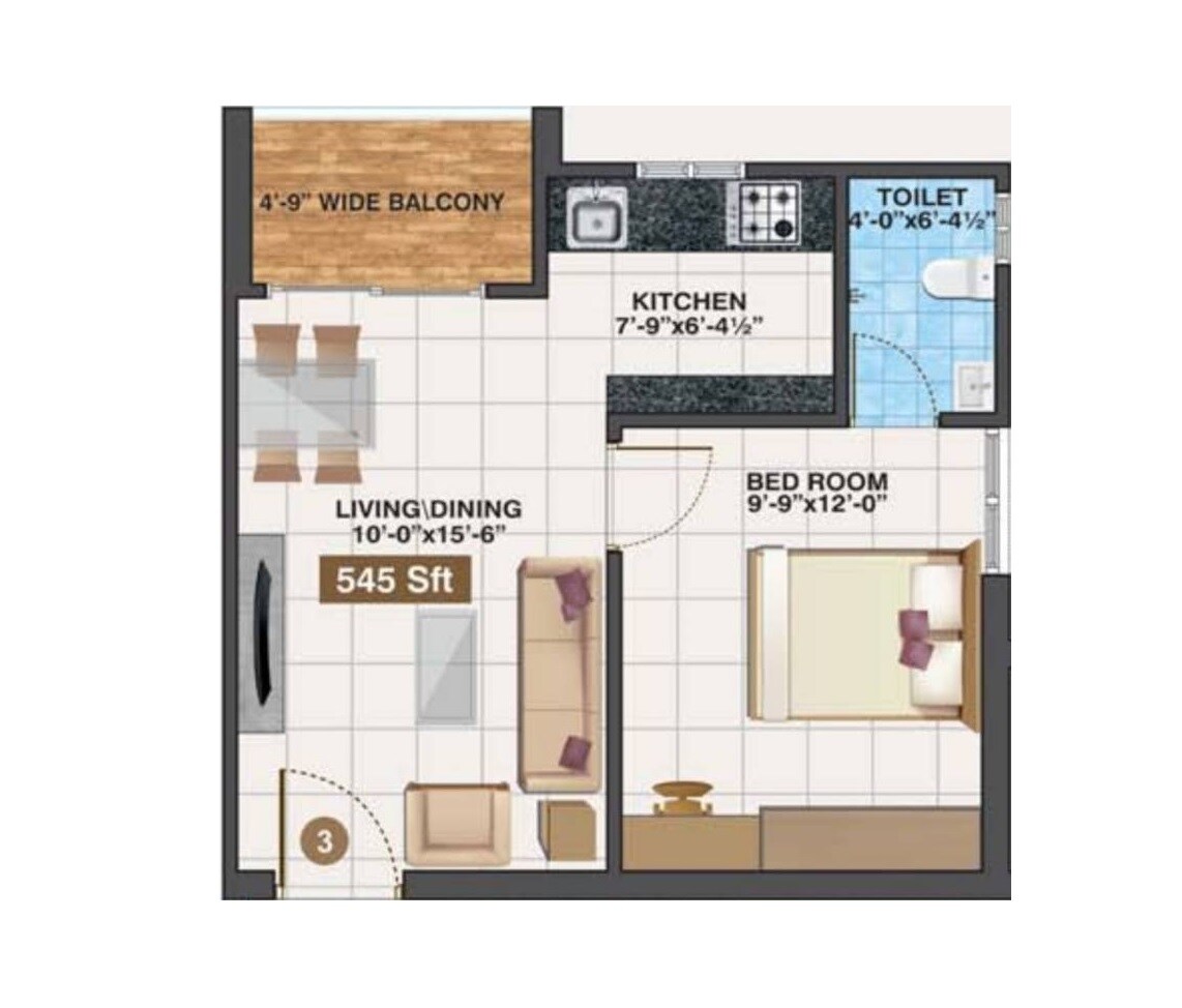Floor plan of 1 BHK 545 Sq. Ft. Apartment in MKT Aspira, Hyderabad