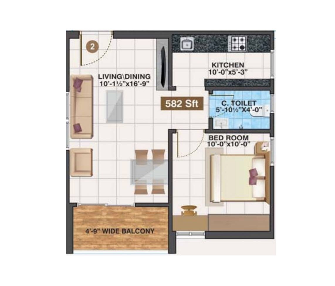 Floor plan of 1 BHK 582 Sq. Ft. Apartment in MKT Aspira, Hyderabad