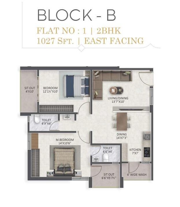 Floor plan of 2 BHK 1027 Sq. Ft. Apartment in MPH Tvin Birds, Hyderabad