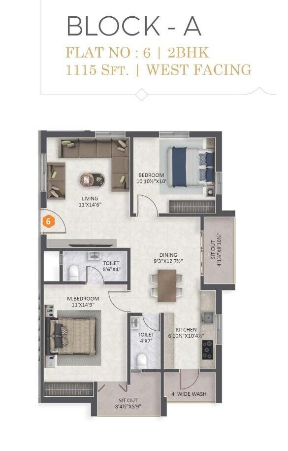 Floor plan of 2 BHK 1115 Sq. Ft. Apartment in MPH Tvin Birds, Hyderabad
