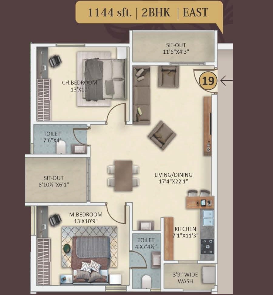Floor plan of 2 BHK 1144 Sq. Ft. Apartment in MKT Urban Tree, Hyderabad