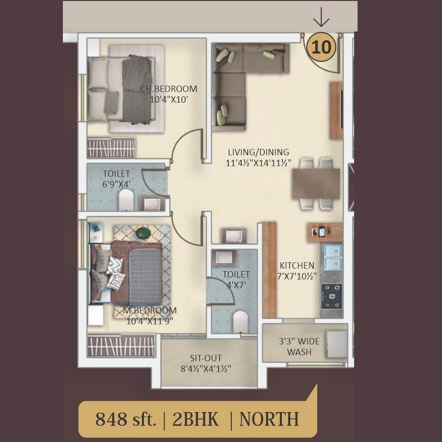 Floor plan of 2 BHK 848 Sq. Ft. Apartment in MKT Urban Tree, Hyderabad